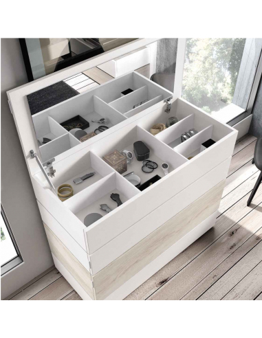 Dormitorio completo compuesto de cabecero, canapé con dos mesitas y comodín  en madera en varios acabados