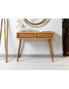 Consola Nori acacia y rattán