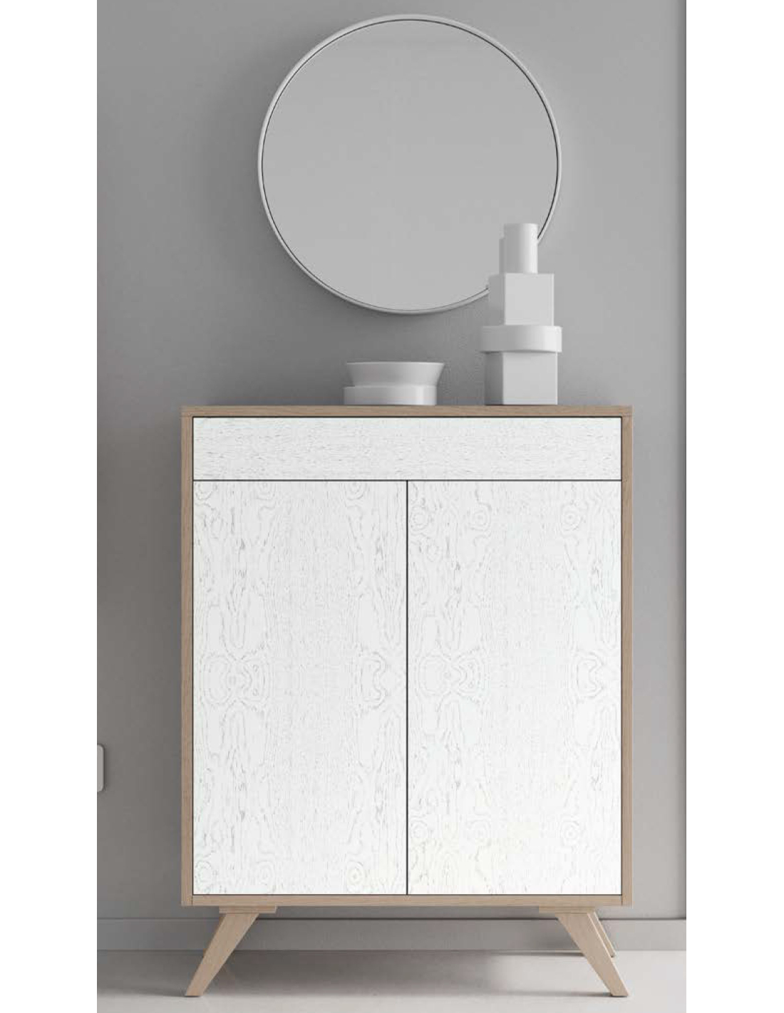 Mueble de recibidor Blanco mate y Roble con cajón y espejo roble y blanco