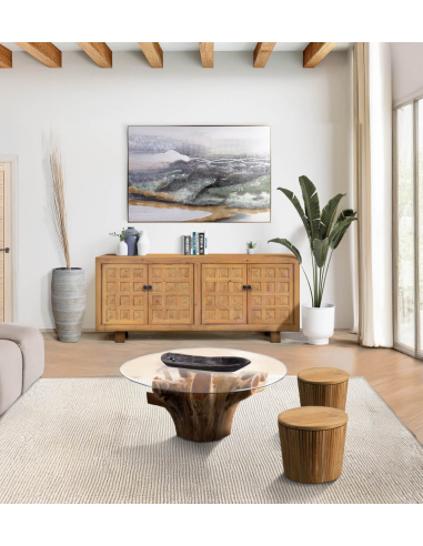 Mesa centro raíz teka blanqueada cristal