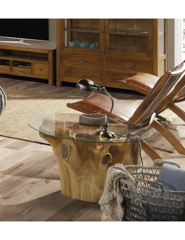 Mesa centro raíz teka blanqueada cristal