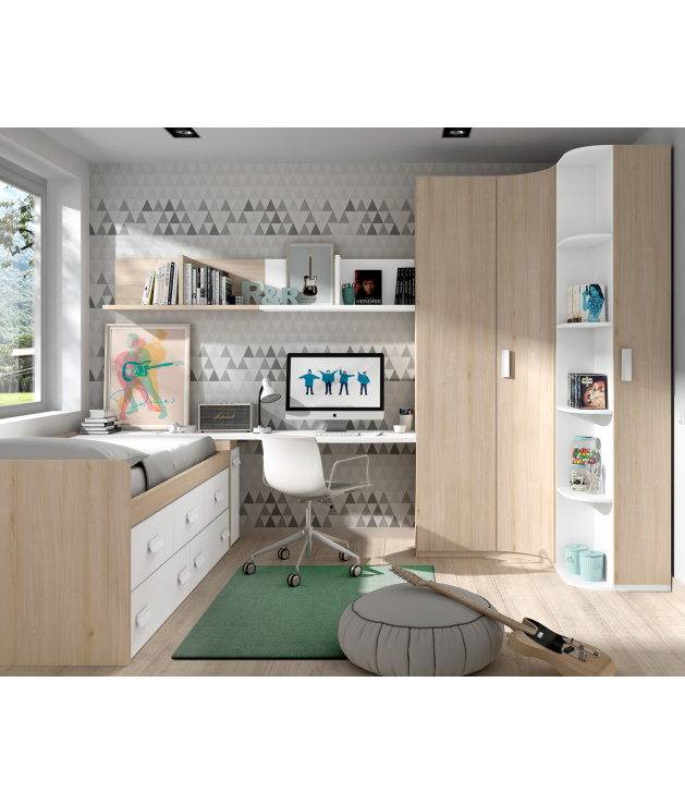 Dormitorio Juvenil con cama compacta, contenedores de almacenaje y  escritorio