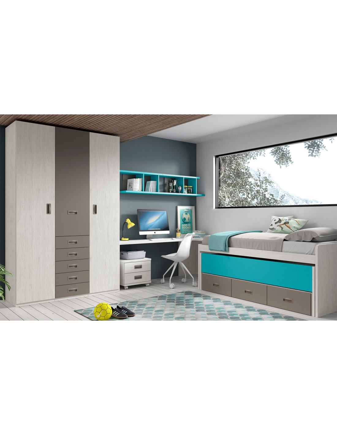 Dormitorio Juvenil con cama compacta, armario puertas correderas y  escritorio Ref EB13