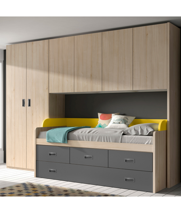 Dormitorio Juvenil con 2 camas, puente, armario rincón y escritorio Ref  YH128