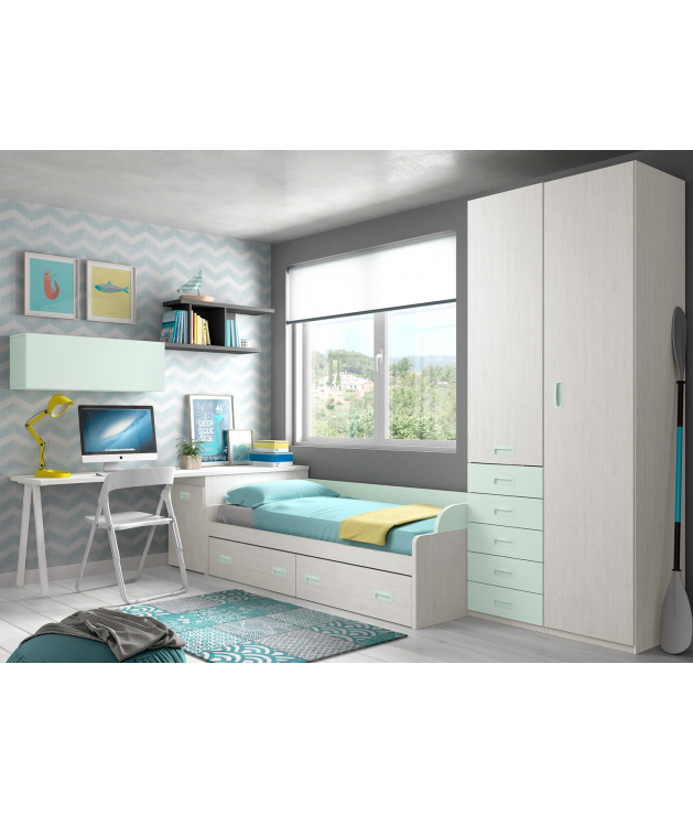 Dormitorio juvenil compacto con dos camas y cajones • STAY 27
