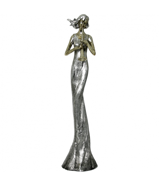 Figura resina plata "Músico mujer clarinete" 19x16x78 cm