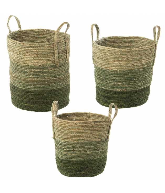 Set 3 cestos hojas de maíz/hierba de mar tonos verdes