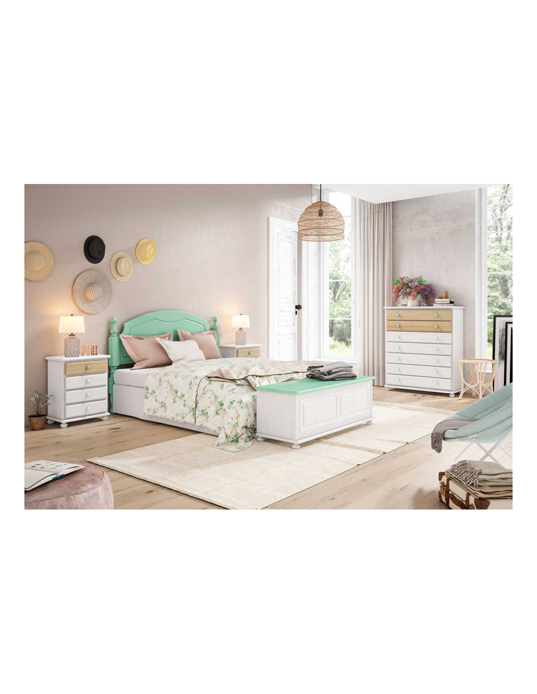 Composición dormitorio cama + 2 mesitas y sinfornier color arios