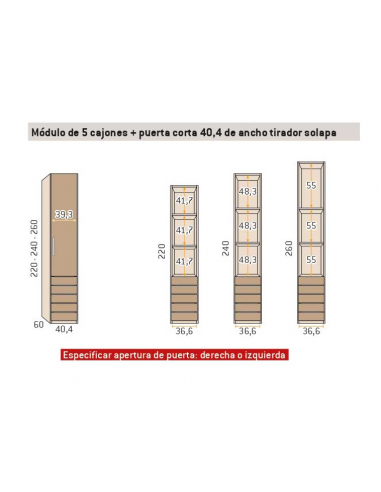 Armario recto 1 puerta 5 cajones 40,4 cm