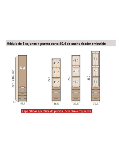 Armario recto 1 puerta 5 cajones 40,4 cm