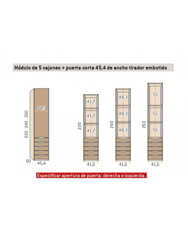 Armario recto 1 puerta 5 cajones 45,4 cm