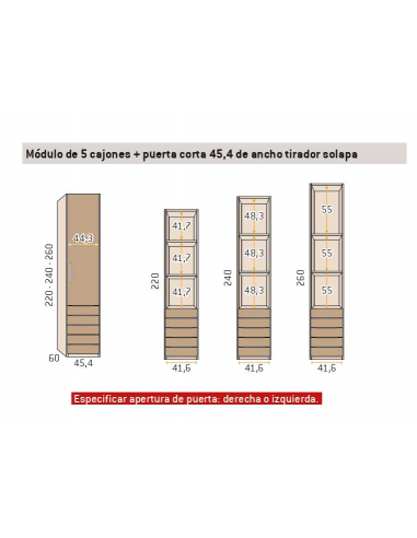 Armario recto 1 puerta 5 cajones 45,4 cm