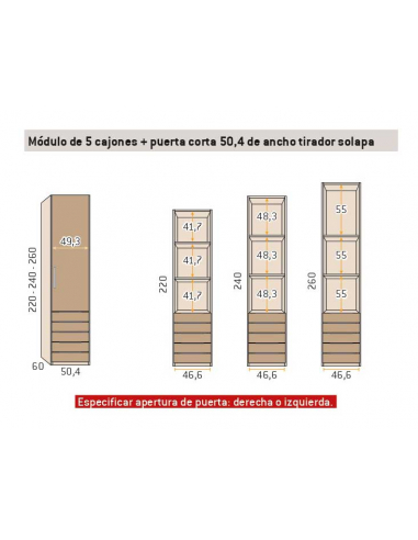 Armario recto 1 puerta 5 cajones 50,4 cm