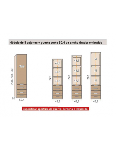 Armario recto 1 puerta 5 cajones 50,4 cm